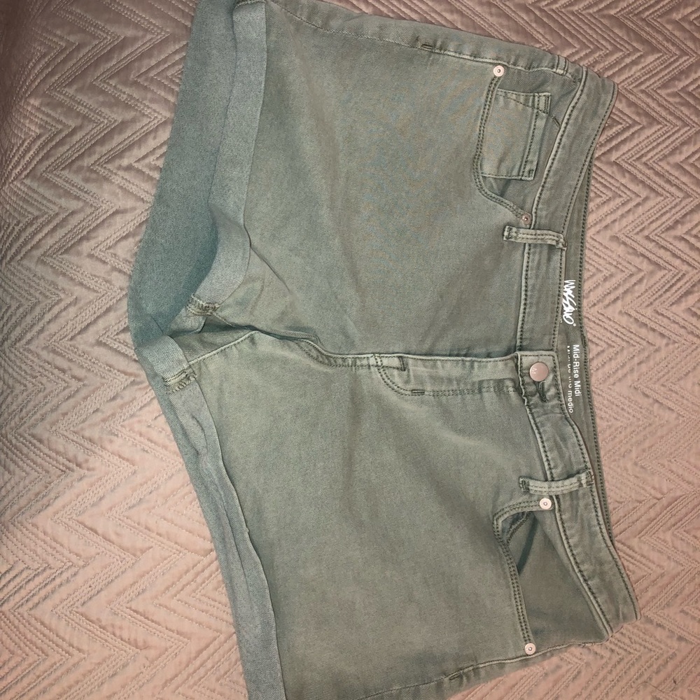 Olive green denim mid rise shorts